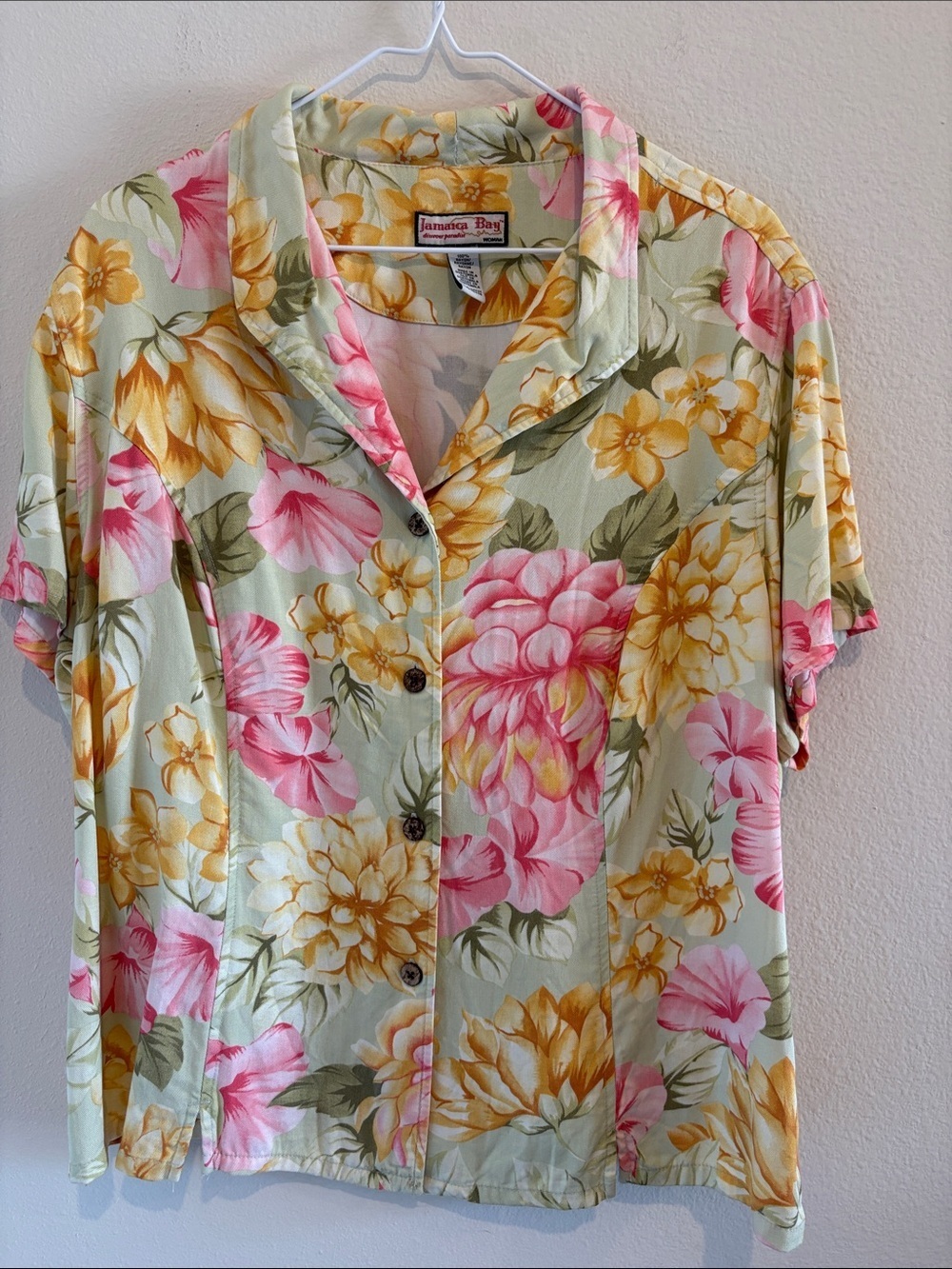 button down shirt with relaxed fit multi color Hibiscus floral design throughout